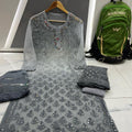 Grey Chikankari Elegance Ombré Mirror Booti Jaal Set - Kurti, Sharara & Dupatta -(Inner Included)