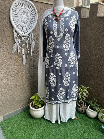 Grey Chikankari Modal Fabric Kurti, Sharara, and Dupatta Set Bada Boota Kurti - Inayakhan Shop 