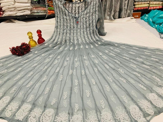 Grey Classic Lucknow Chikankari Anarkali Gown 56 inch Kali - Inayakhan Shop 
