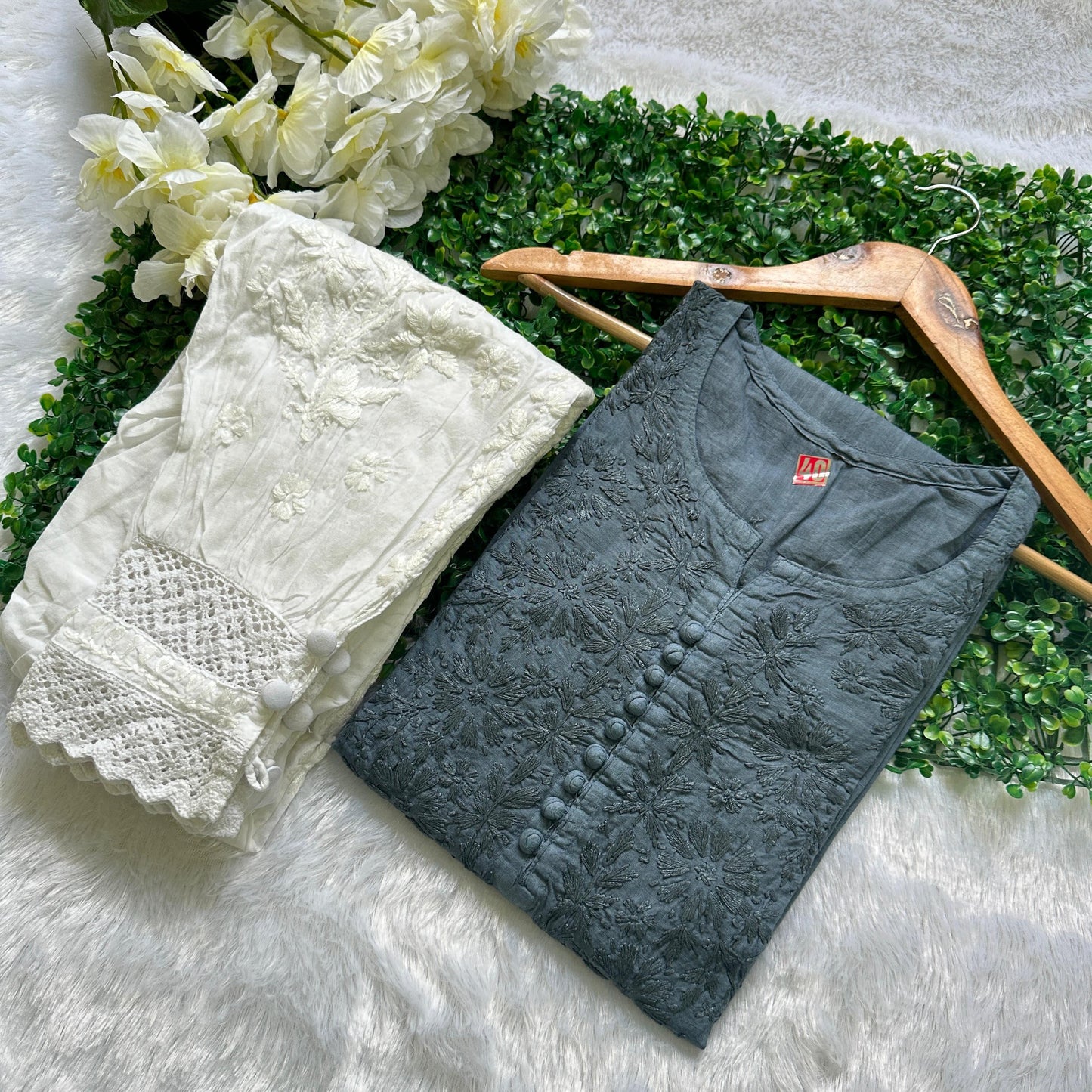 Grey Color Modern Mirage Cotton Kurti & Afghani Pant Ensemble - Inayakhan Shop 