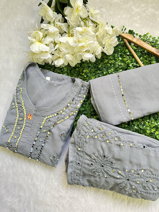 Grey Cream Best Seller Georgette Mirror Gala Booti Chikankari Set with Beautiful Handwork Embroidery - Inayakhan Shop 