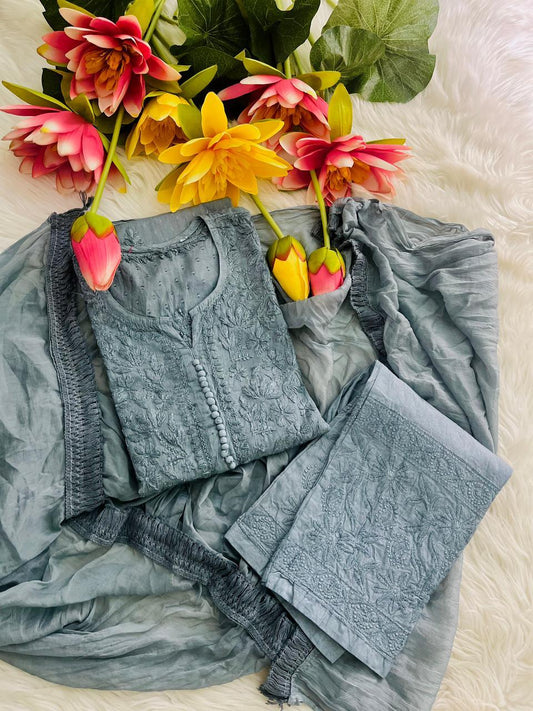 Grey 🌻 Exclusive Dobby Cotton Full Dyeable 3-Piece Set with Chiffon Dupatta 🌻 - Inayakhan Shop 