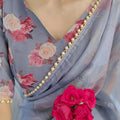 Grey Floral Summer Classy Georgette Printed Saree with Pearl Lace Border