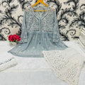 Grey Glimmering Georgette Mirror Work Short Gown, Dupatta, and Sharara Full Combo Set