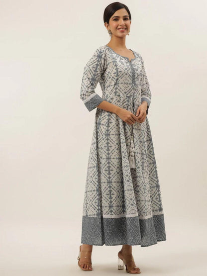 Grey Hand Dyed Printed A-Line Anarkali dress with decent Embroidery on Yoke and tassels to easy adjust , has a round neck, 3/4th sleeves , Flared hem - Inayakhan Shop 