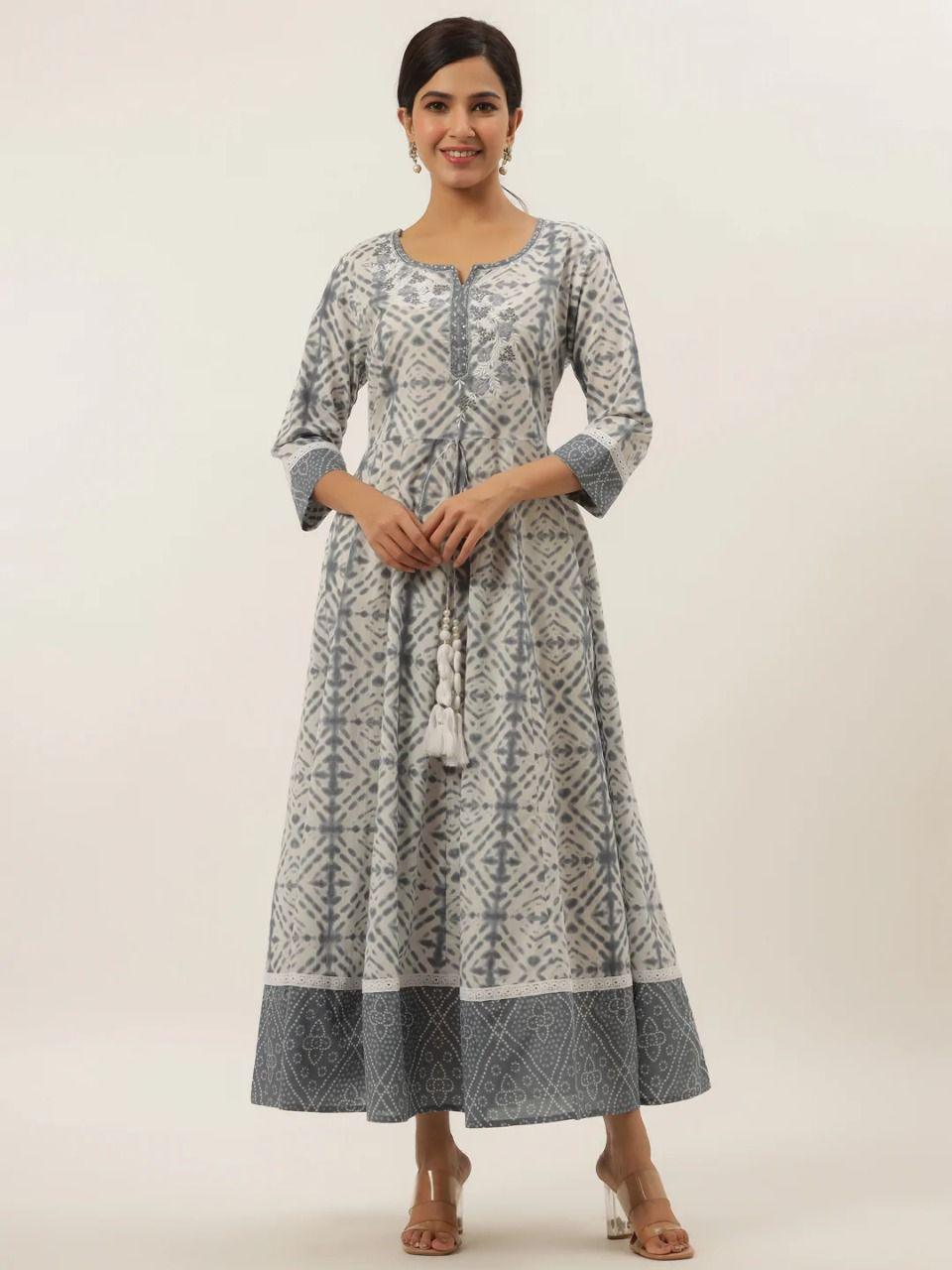 Grey Hand Dyed Printed A-Line Anarkali dress with decent Embroidery on Yoke and tassels to easy adjust , has a round neck, 3/4th sleeves , Flared hem - Inayakhan Shop 