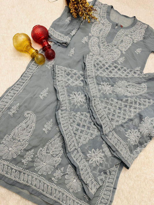 Grey Lucknawi Chikankari Georgette Kurti and Sharara Set , Dupatta and Inner Included - Inayakhan Shop 