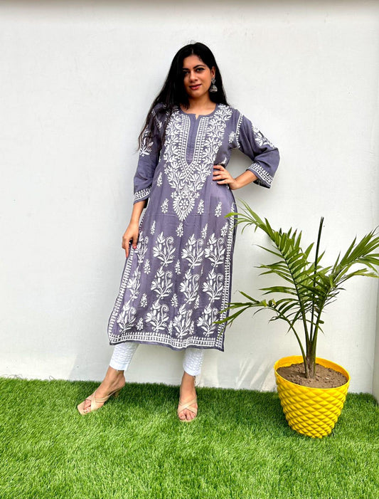 Grey Lucknowi Luxe: Modal Kurti with Heavy Ghas Patti Work & White Chikankari Pants - Inayakhan Shop 