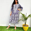 Grey Lucknowi Luxe: Modal Kurti with Heavy Ghas Patti Work & White Chikankari Pants