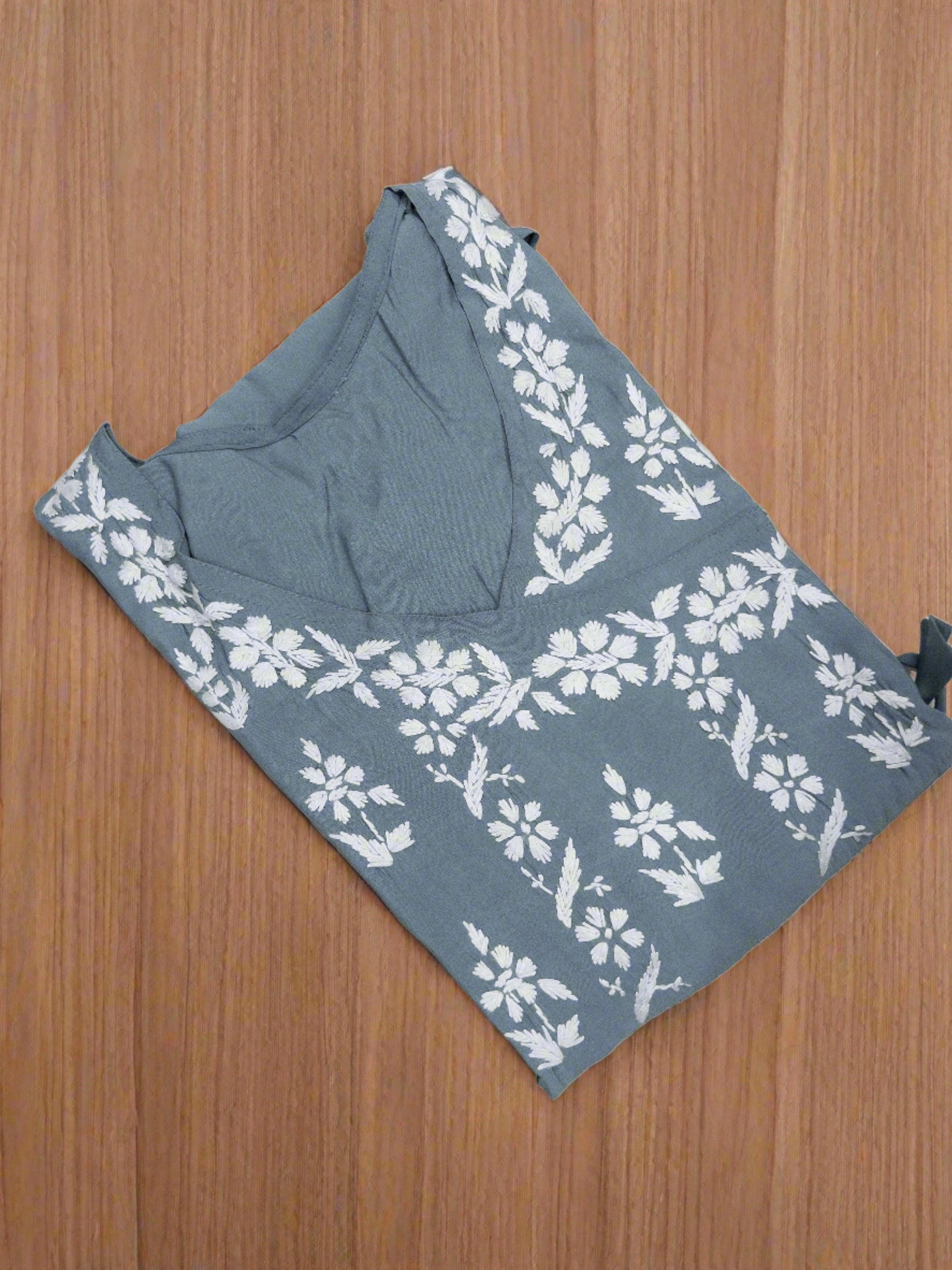 Grey Roman Silk Chikankari Angrakha Kurti and Pant Set - Inayakhan Shop 