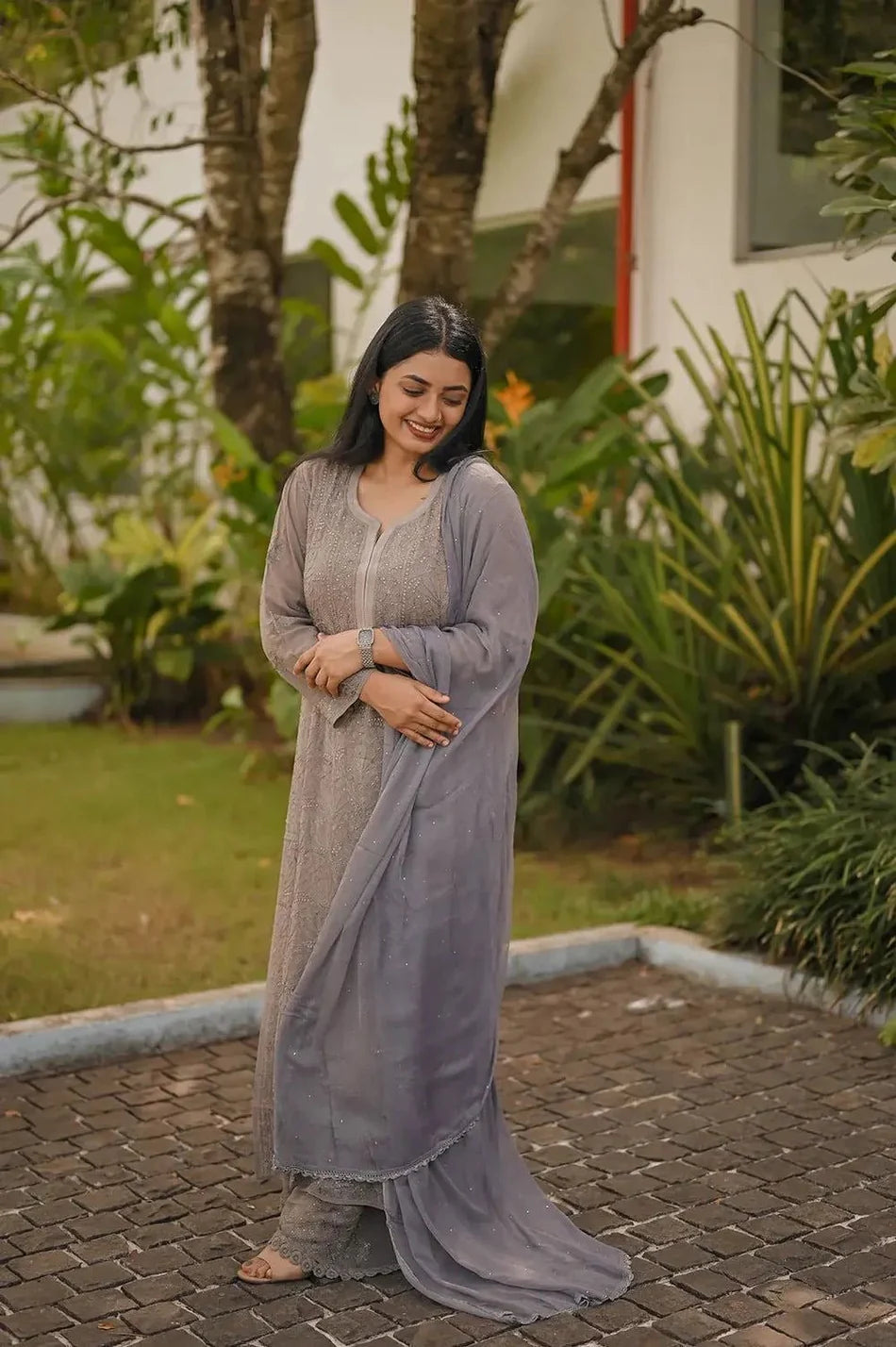 Grey Elegant Viscose Lucknow Chikankari Handwork Ensemble (New)