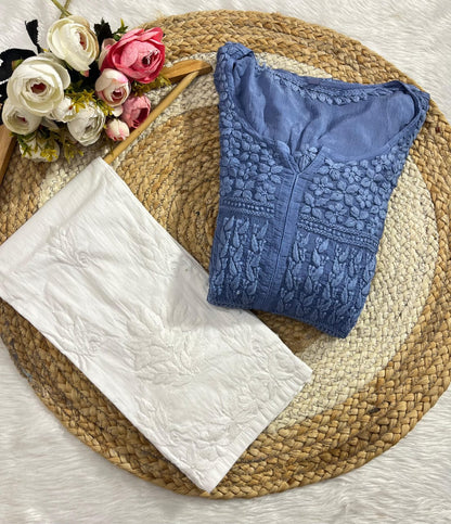Greyish Blue Chinon Nyra Style 3D handwork Lucknow Chikankari Kurti Set