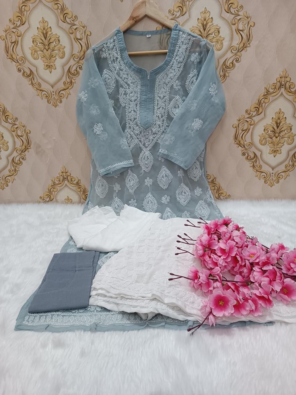 Grey Lucknawi Chikankari Georgette Full Jaal Sharara 4 Pc Set