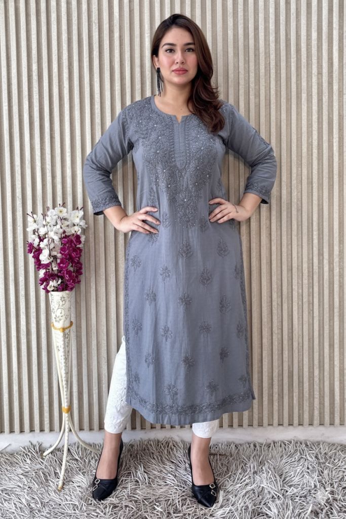 Grey Exquisite Lucknow Chikankari Mukesh Work Kurti Set