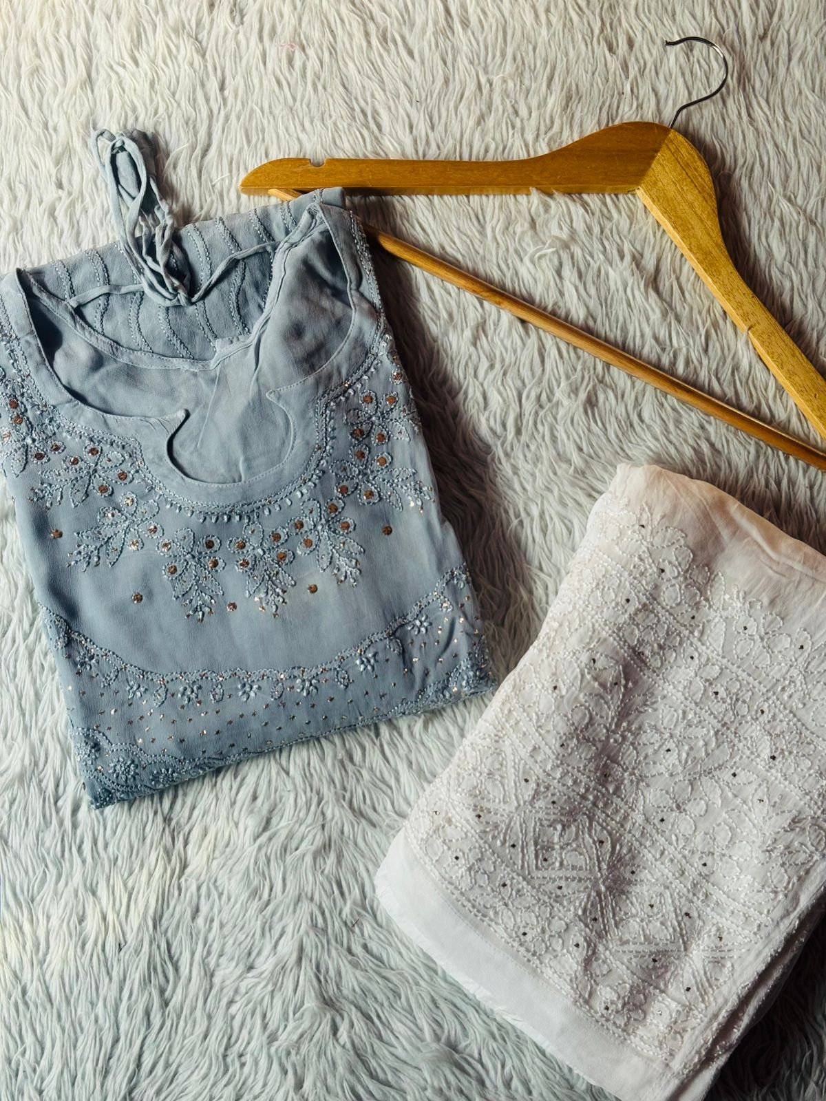 Grey Viscose Chikankari Kurta and Palazzo Set with Mukaish Work (New| Limited Stock)