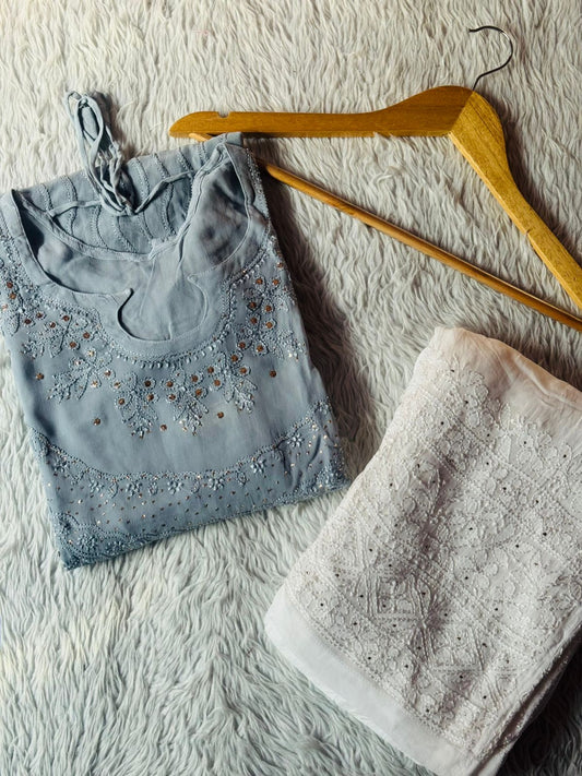 Grey Viscose Chikankari Kurta and Palazzo Set with Mukaish Work (New| Limited Stock)