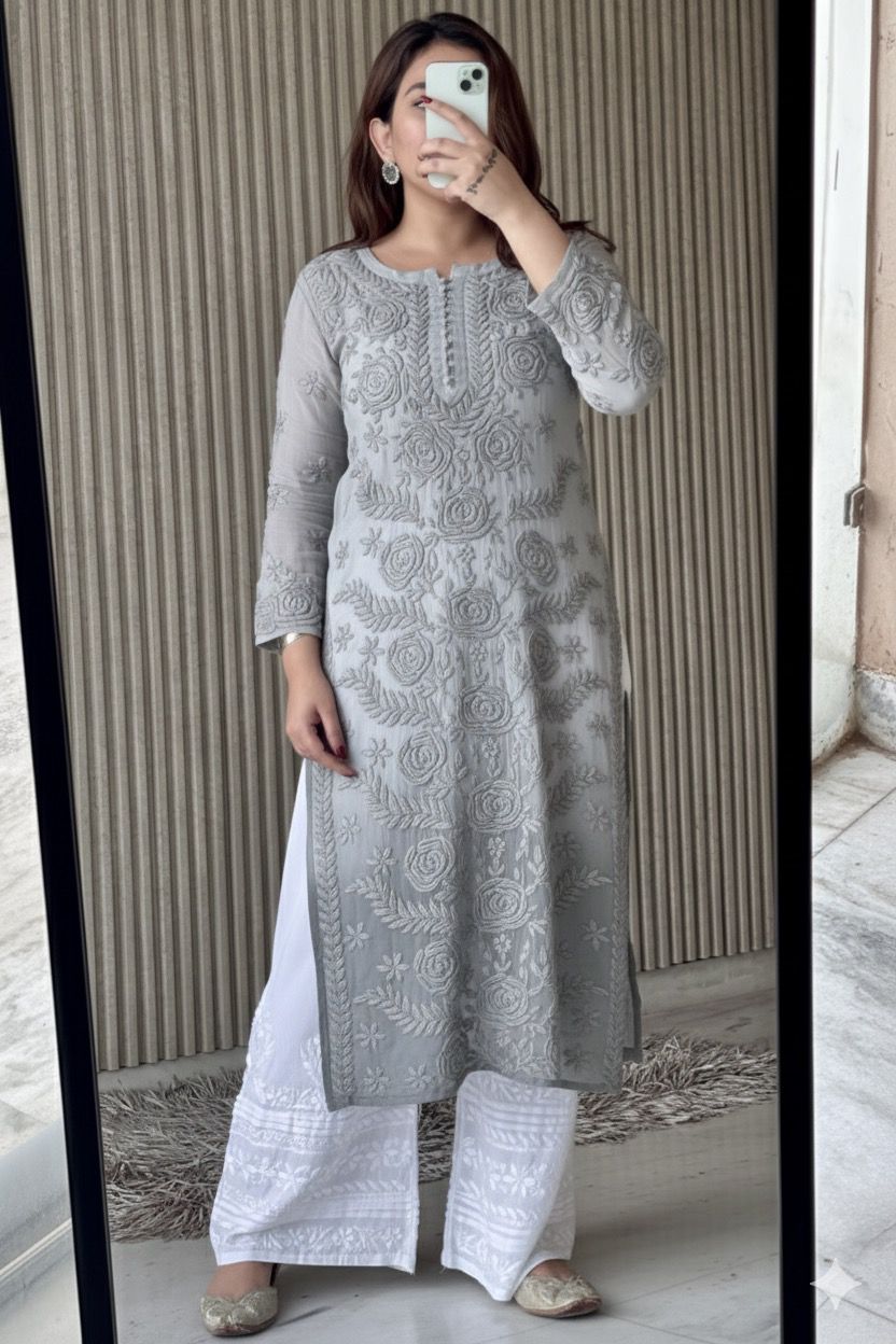 Grey Lucknowi Chikankari Rose Viscose Georgette Kurta Set