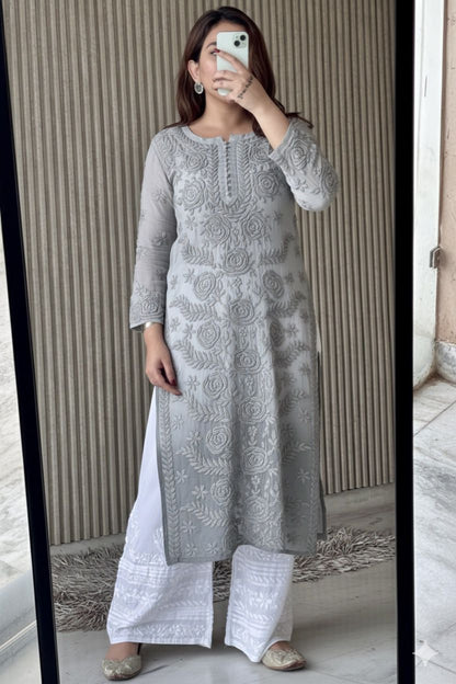 Grey Lucknowi Chikankari Rose Viscose Georgette Kurta Set