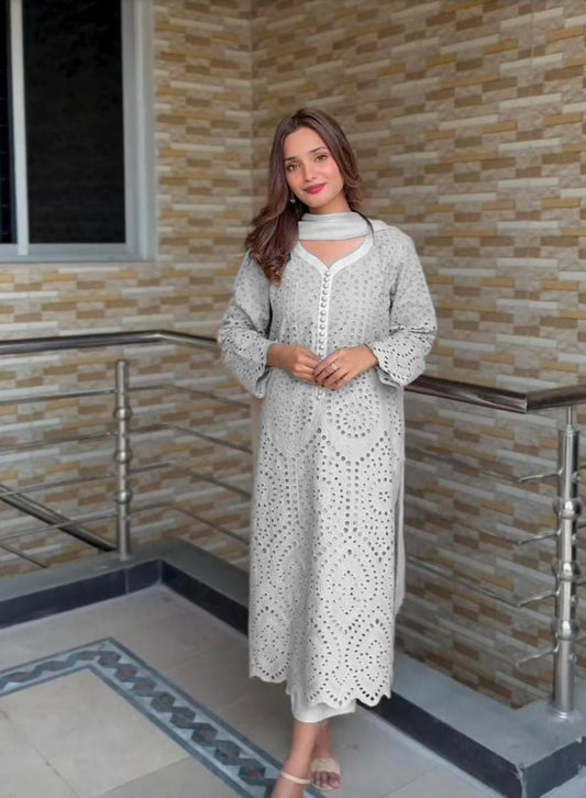 Grey Chikan Hakoba Designer Ready-to-Wear Suits Plus Sizes available