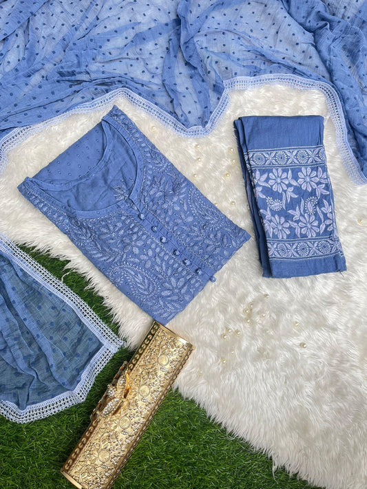 Greyish Blue Chikankari Handwork Cotton Dyeable Set , Dobby Bundi Dupatta from Lucknow - Inayakhan Shop 