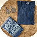 Greyish Blue Cotton Chikankari Hand Work Kurti Suit Designs (New Color Shade)