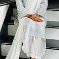 Greyish White Lucknow Luxe Elegance 3 pc Kurti Set with Afghani Pants & Dupatta