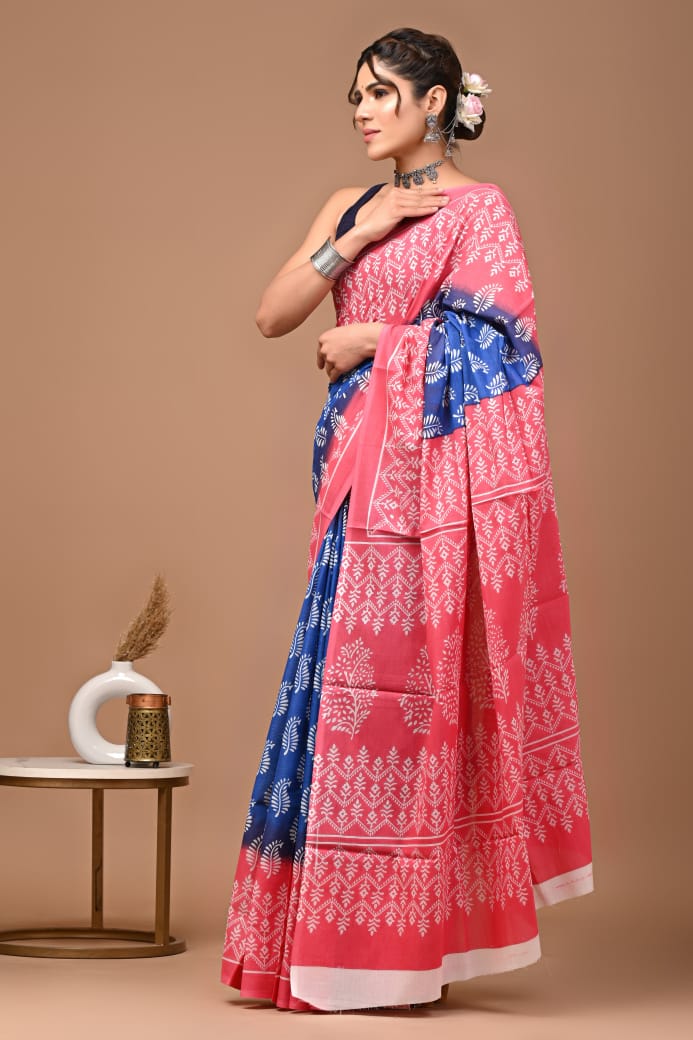 Blue Pink Ajrakh Cotton Mul Handblock Print Saree with Ready-to-Wear Blouse Set