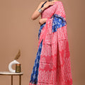 Blue Pink Ajrakh Cotton Mul Handblock Print Saree with Ready-to-Wear Blouse Set