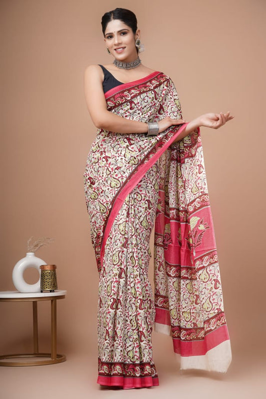 Beige Red Ajrakh Cotton Mul Handblock Print Saree with Ready-to-Wear Blouse Set