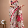 Beige Red Ajrakh Cotton Mul Handblock Print Saree with Ready-to-Wear Blouse Set