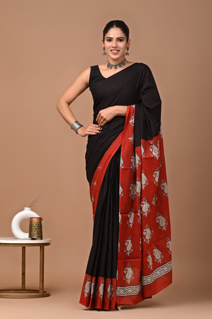 Black Red Ajrakh Cotton Mul Handblock Print Saree with Ready-to-Wear Blouse Set