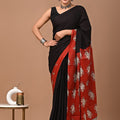 Black Red Ajrakh Cotton Mul Handblock Print Saree with Ready-to-Wear Blouse Set