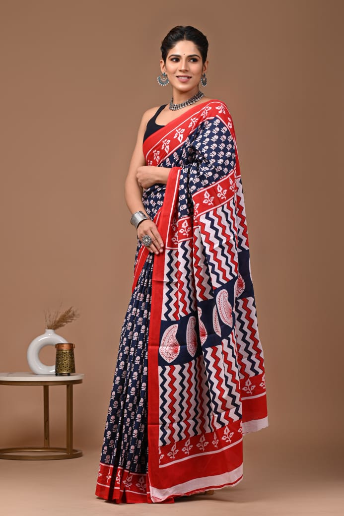 Navy Blue Pink Ajrakh Cotton Mul Handblock Print Saree with Ready-to-Wear Blouse Set