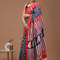 Navy Blue Pink Ajrakh Cotton Mul Handblock Print Saree with Ready-to-Wear Blouse Set