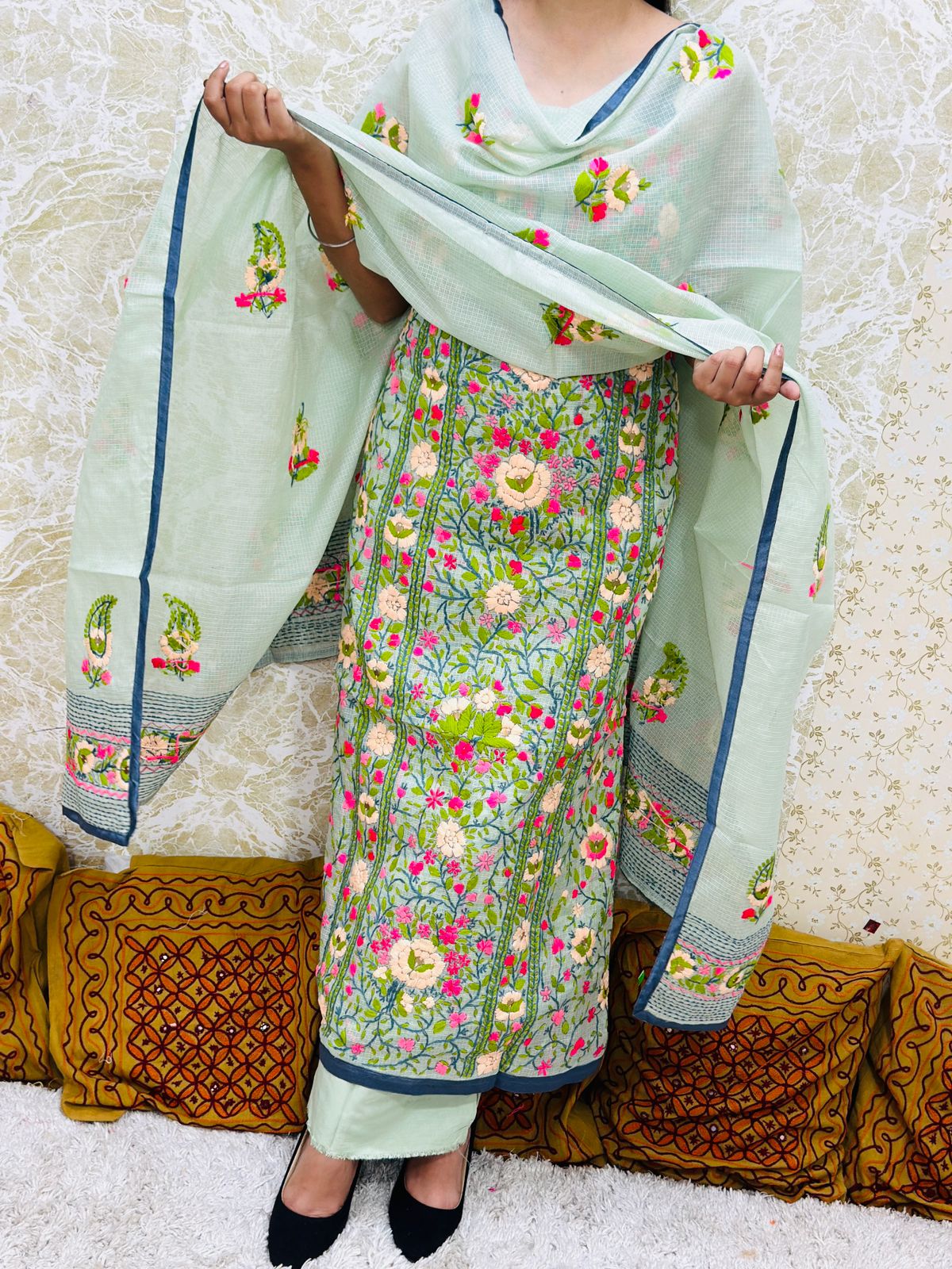 Green Kota Doria Phulkari Work Cotton Suit with Tafeta Pants and Kota Doria Dupatta