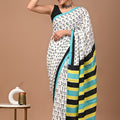 Multicolor Ajrakh Cotton Mul Handblock Print Saree with Ready-to-Wear Blouse Set