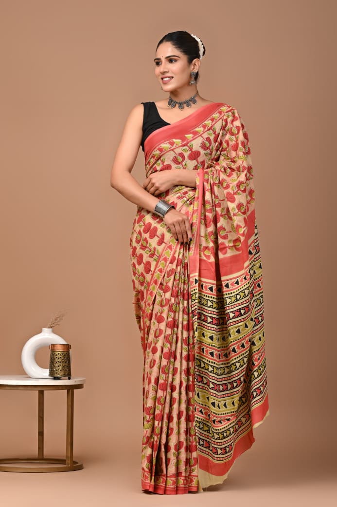 Brick Red Ajrakh Cotton Mul Handblock Print Saree with Ready-to-Wear Blouse Set