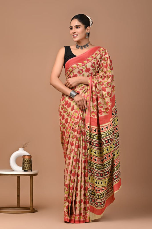 Brick Red Ajrakh Cotton Mul Handblock Print Saree with Ready-to-Wear Blouse Set