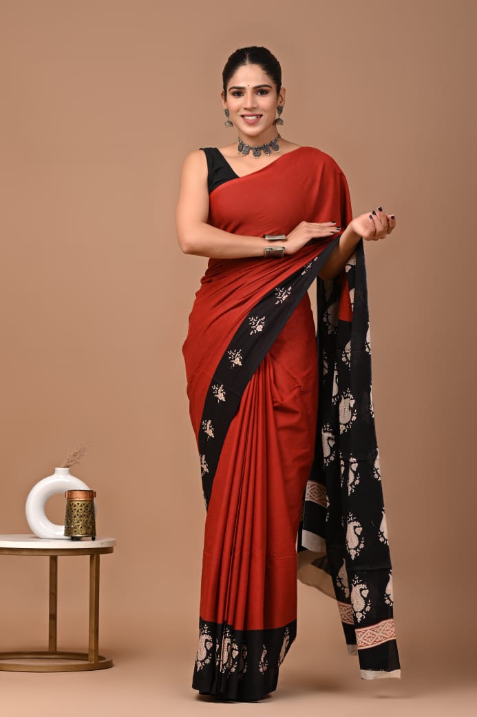 Brick Red Black Ajrakh Cotton Mul Handblock Print Saree with Ready-to-Wear Blouse Set