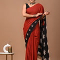 Brick Red Black Ajrakh Cotton Mul Handblock Print Saree with Ready-to-Wear Blouse Set