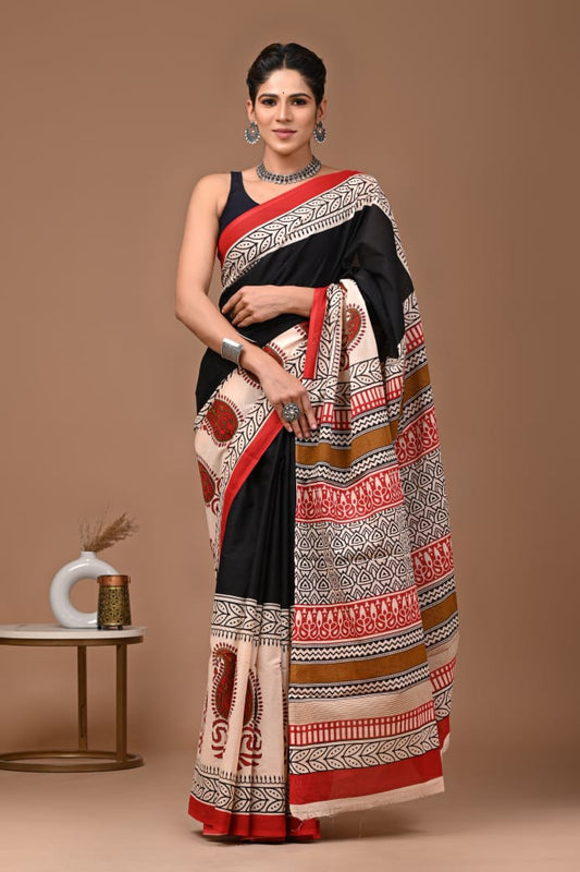 Black Multicolor Ajrakh Cotton Mul Handblock Print Saree with Ready-to-Wear Blouse Set