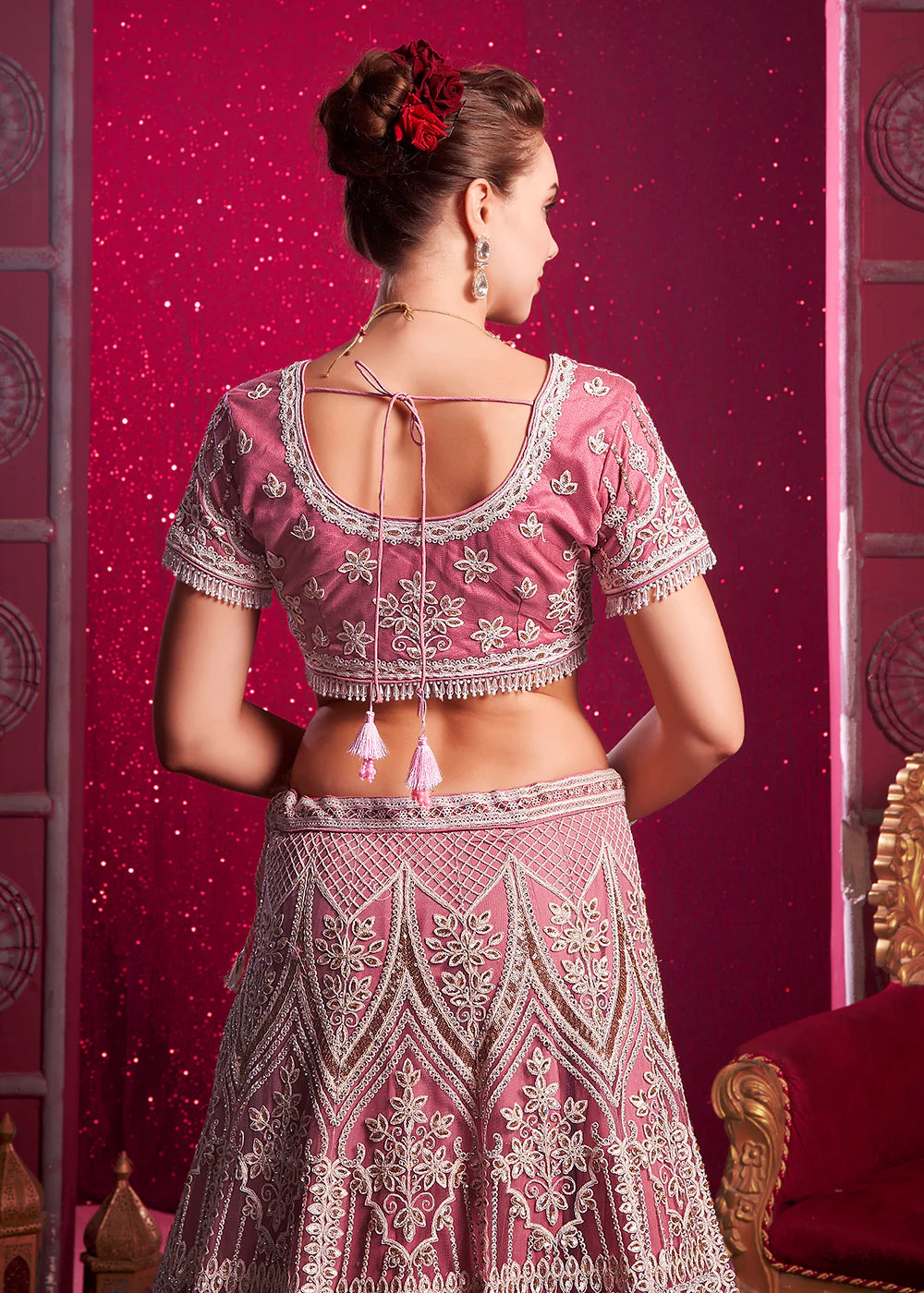 Pink Bridal Bridesmaid Wedding Lehenga Choli Set with Zari & Sequins