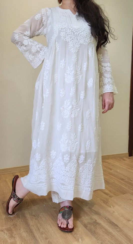 White Elegant Viscose Chikankari Gown with Lycra Pant – Timeless Grace & Comfort (2 Pc Set)