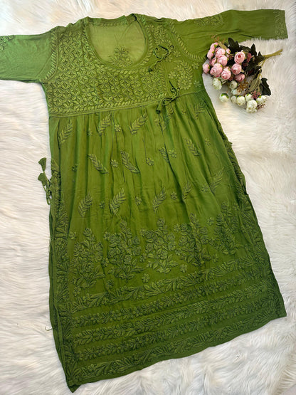 Green Exquisite Handcrafted Lucknowi Chikankari Viscose Angarkha – 3D Floral Embroidery