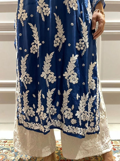 Blue Premium Lucknow Chikankari 3D Leaf Jaal Kurta in Luxe Maslin with Pallazo Set