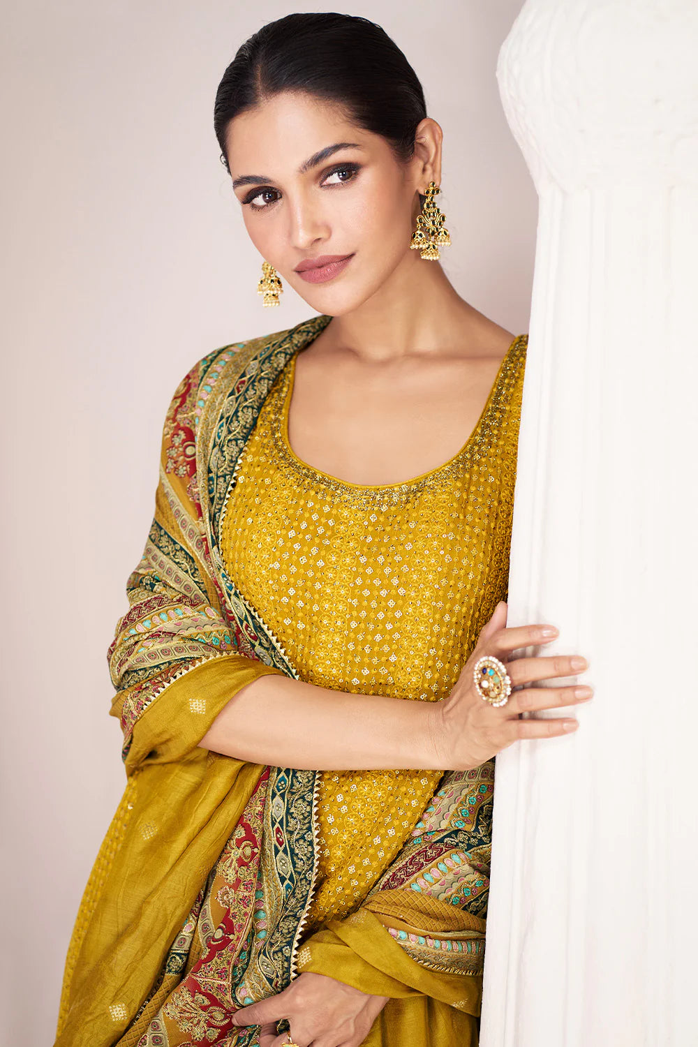 Yellow Silk Heavy Sequins & Swarovski Embroidered Peplum Suit with Sharara