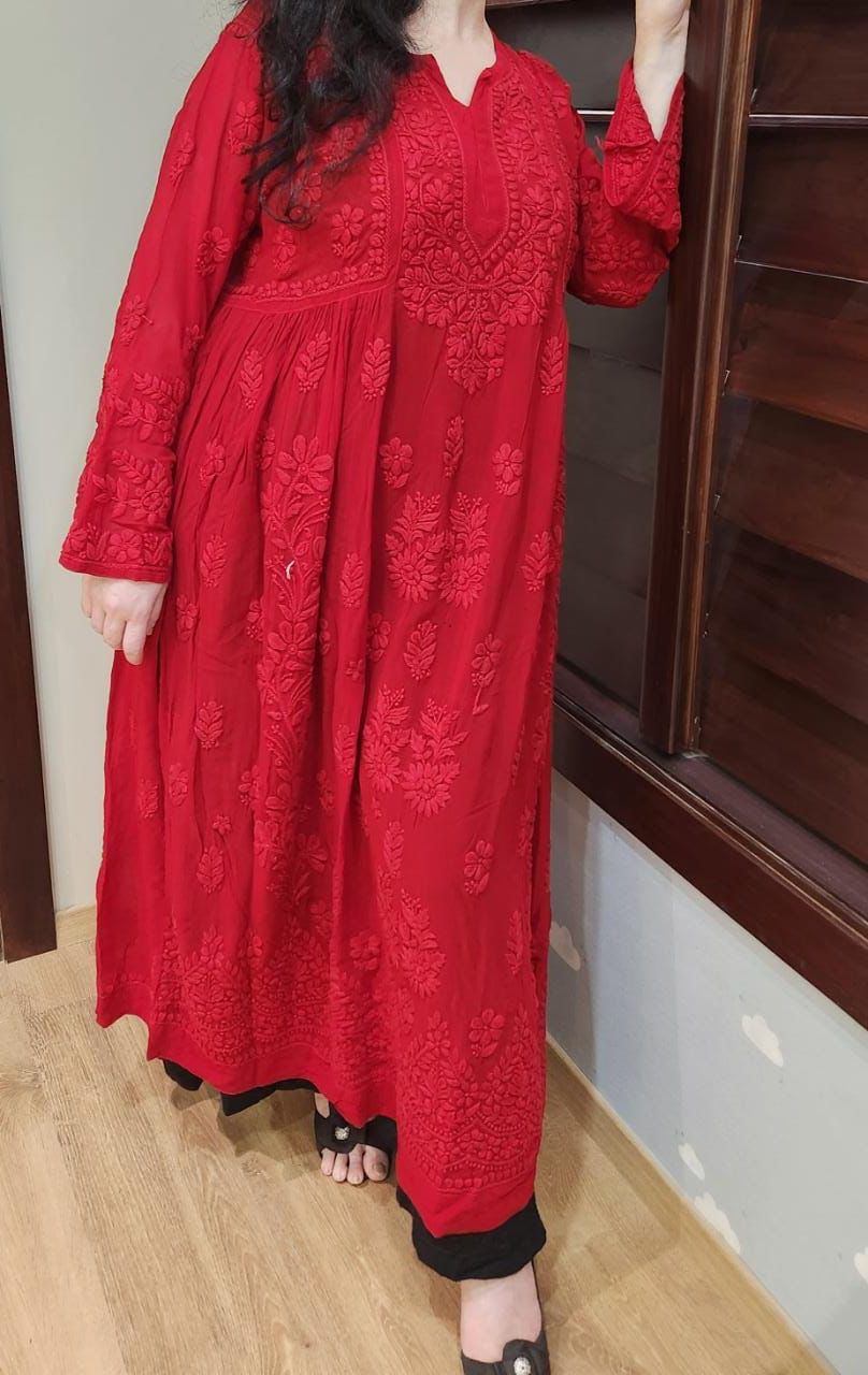 Red Elegant Viscose Chikankari Gown with Lycra Pant – Timeless Grace & Comfort (2 Pc Set)