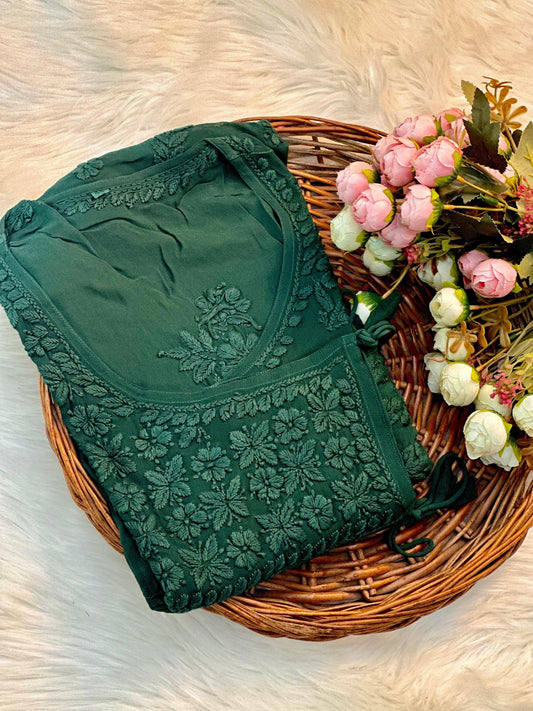 Dark Green Exquisite Handcrafted Lucknowi Chikankari Viscose Angarkha – 3D Floral Embroidery