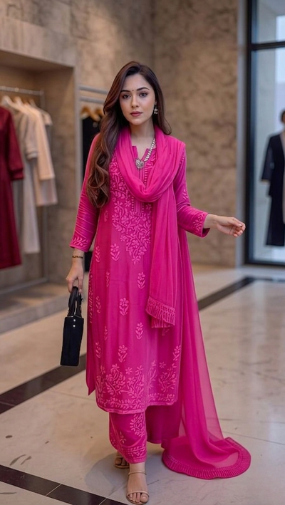 Hot Pink Ethereal  Chikankari Kurta Set (New)