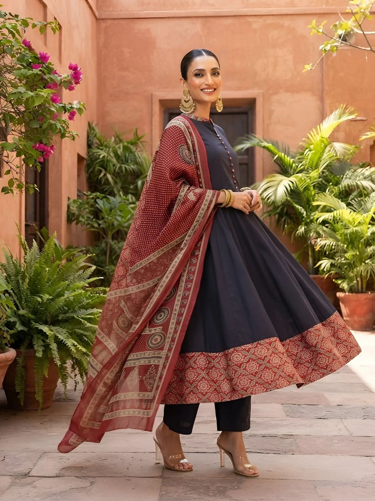 Black cotton Jaipuri Anarkali kurta pants set with maroon Bagru print dupatta - front view | InayaKhan